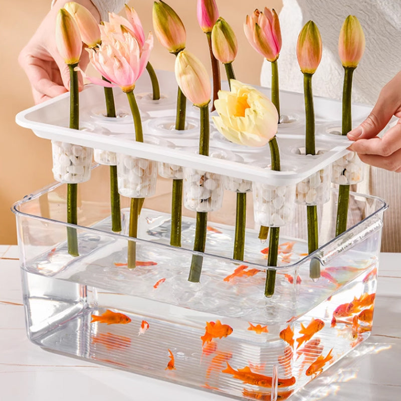 Above are the flowers planted in the basket, and below are the fish in the water
