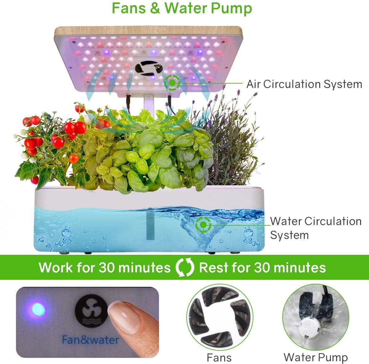Introduction to various parts of the hydroponic machine, including FansWater Pump
