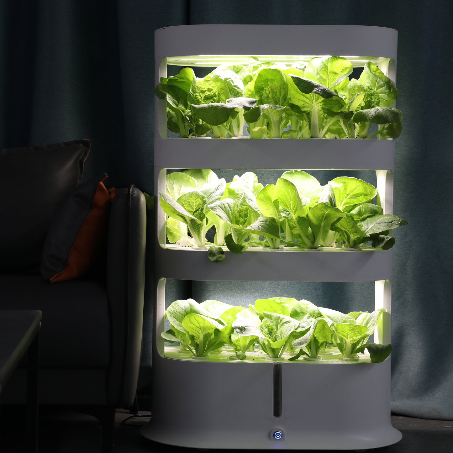 Three layer white hydroponic system, with green vegetables planted on each layer and lights on each layer