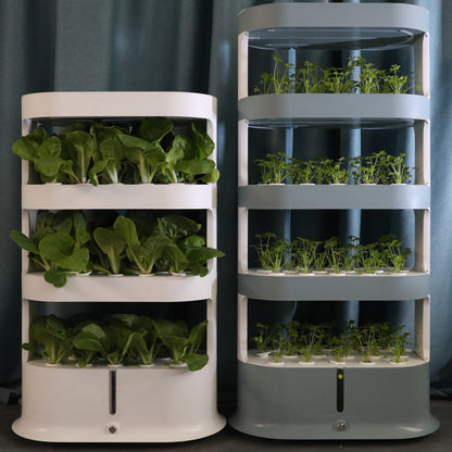 On the left is a white three-layer hydroponic system, and on the right is a blue four layer hydroponic system, both of which grow vegetables